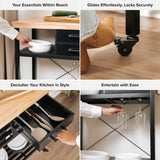 Kitchen Island Cart with Wheels - Pine Countertop & Black Base