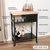 Kitchen Island Cart with Wheels - Pine Countertop & Black Base