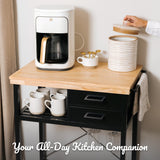 Kitchen Island Cart with Wheels - Pine Countertop & Black Base