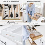 Bamboo Drawer Organizer for Utensils & Junk - White Finish (Expands 10.5-18.5in)