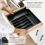 Bamboo Drawer Organizer for Silverware & Utensils - Black Finish (Expands 11-19in)