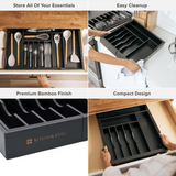 Bamboo Drawer Organizer for Silverware & Utensils - Black Finish (Expands 16-28in)