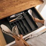 Bamboo Drawer Organizer for Silverware & Utensils - Black Finish (Expands 16-28in)
