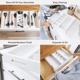 Bamboo Utensils & Junk Drawer Organizer - White Finish (Expands 18.5-33in)