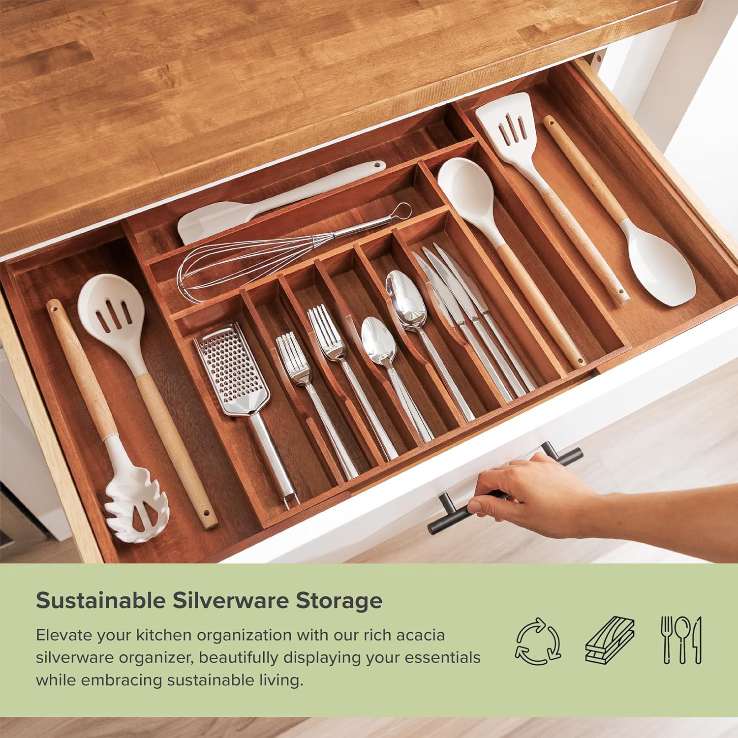 Acacia Drawer Organizer for Silverware & Utensils (Expands 18.5-33in) Acacia Drawer Organizer for Silverware & Utensils (Expands 18.5-33in)