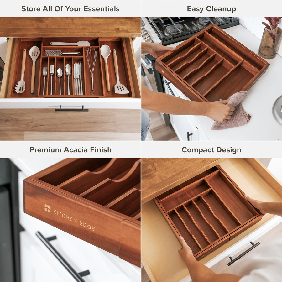 Acacia Drawer Organizer for Silverware Utensils (Expands 16 28in