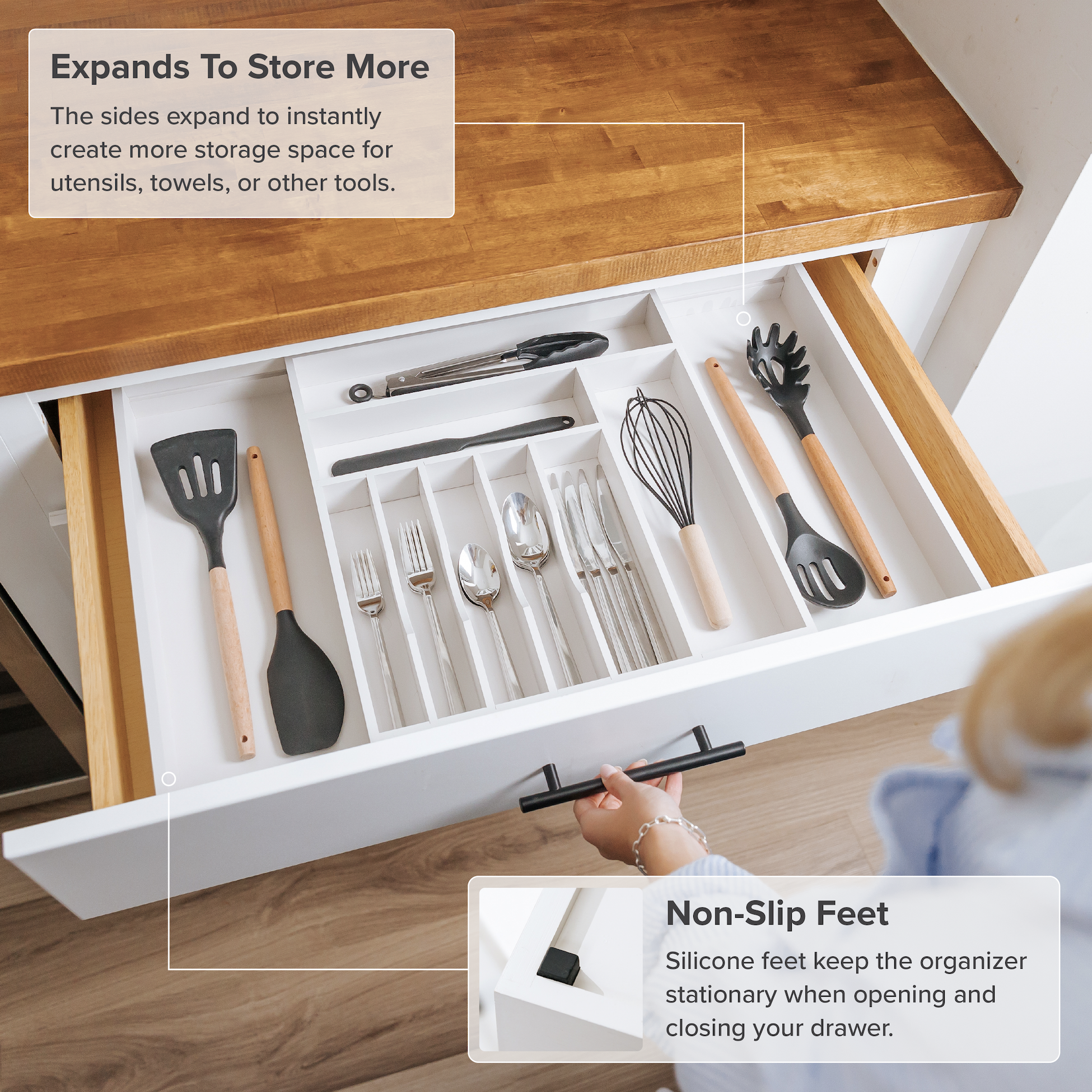 KitchenEdge Premium Silverware, Flatware and Utensil Organizer for Kitchen Drawers, Expandable 16 to 28 Inches Wide, 10 Compartments, Food-Safe
