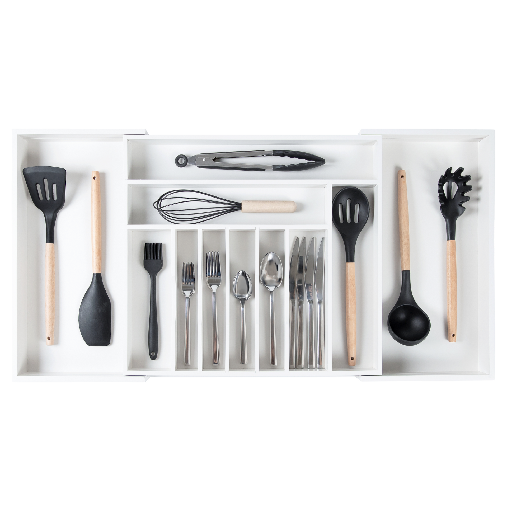 KitchenEdge Premium Silverware, Flatware and Utensil Organizer for Kitchen Drawers, Expandable to 33 Inches Wide, 11 Compartments, 100% Bamboo