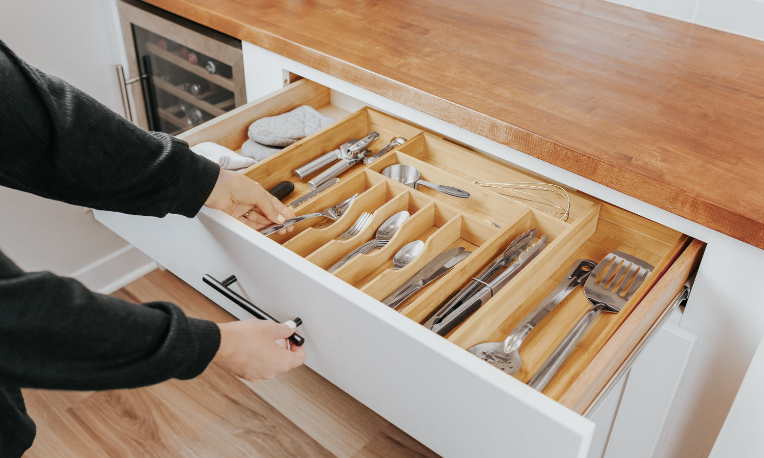 KitchenEdge Adjustable Kitchen Drawer Organizer for Utensils and Junk,  Expandable to 28 Inches Wide, 9 Compartments, 100% Bamboo
